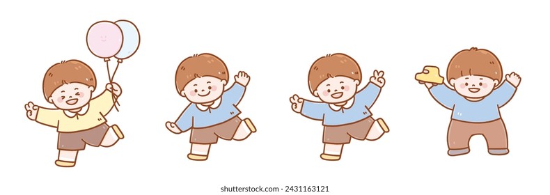 Vector cute illustration style. Happy kindergarten boy having fun and running holding balloons and car toys