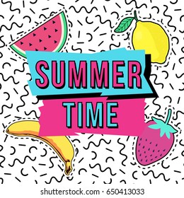 Vector cute illustration with Summer Time frame, fruit patch badges and memphis geometric pattern.