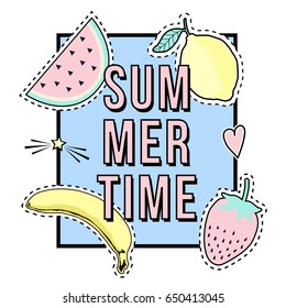 Vector cute illustration with Summer Time frame and fruit patch badges: banana, watermelon, lemon, strawberry. Trendy collection of stickers, pins, patches in cartoon comic style.