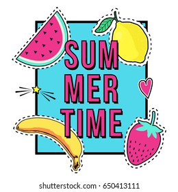 Vector cute illustration with Summer Time frame and fruit patch badges: banana, watermelon, lemon, strawberry. Trendy collection of stickers, pins, patches in cartoon comic style.