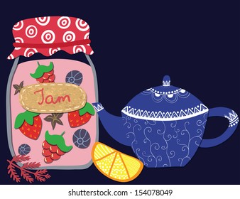 Vector cute illustration with teapot, jam-jar, lemon on the dark background
