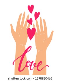 Vector cute illustration with two hands holding hearts isolated on white background. Happy Valentine's Day romantic greeting card design, wedding invitation, love theme poster