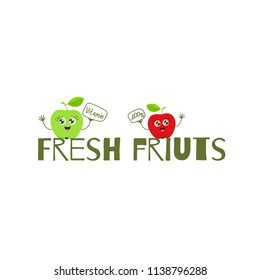 Vector cute illustration of two red and green smiling apples on the text fresh fruits isolated on the white background.