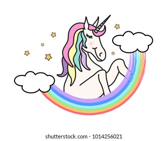 Vector cute illustration with unicorn and rainbow. Hand drawn doodle