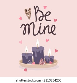 Vector cute illustration with valentine candles, hearts and lettering