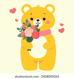 Vector cute illustration for Valentine's Day with a bear and a bouquet of flowers