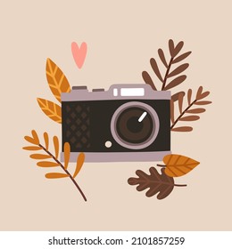 Vector cute illustration with vintage camera and forest autumn leaves