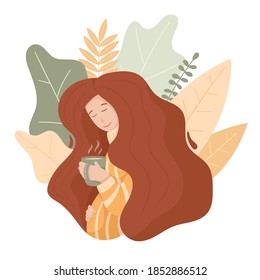 Vector cute illustration in warm colors. Doodle pregnant woman with long voluminous hair. Winter cozy theme, mug with tea or coffee, warm sweater.