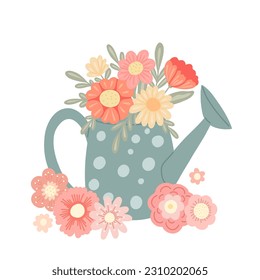 Vector cute illustration of a watering can with a bouquet of flowers isolated from the background. Romantic clipart with original vase and wildflowers. Flat flower picture. Spring and summer gardening