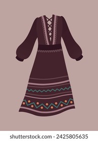 Vector cute illustration with woman brown boho ornamental dress
