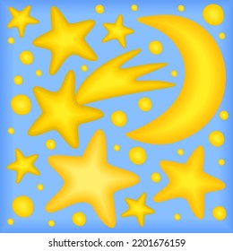 Vector cute illustration of yellow crescent, stars and comet on blue background. Childish composition.