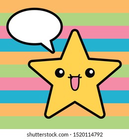 Vector cute illustration of a yellow smiling kawaii style star on rainbow background with a blank speech bubble