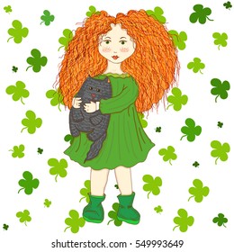 Vector cute illustration of a young ginger girl with her cat on a clover background. Special for spring themes (St. Patrick Day), female theme, children goods and books, design element.