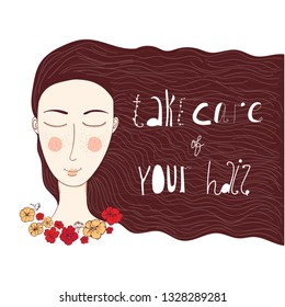 vector cute illustration of a young woman with long hair augmented with positive advice about hair care.