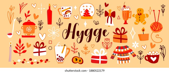 Vector cute illustrations for warm and cozy hugge design. Mulled wine, gifts, cocoa, warm red and yellow colors Illustration for your postcard, poster, flyer