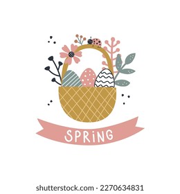 vector cute image of basket with eggs, adorable Easter print for children