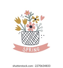 vector cute image of basket with flowers, adorable print for children