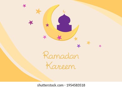 Vector - Cute image Ramadan Kareem season. Yellow moon and violet mosque with little star. Religion, Traditional.