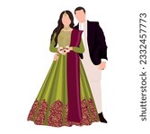 Vector vector cute indian couple cartoon in traditional dress posing for wedding invitation card design