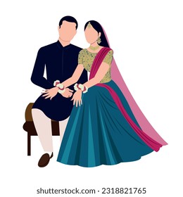 Vector vector cute indian couple cartoon in traditional dress posing for wedding invitation card design	