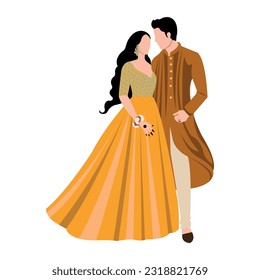 Vector vector cute indian couple cartoon in traditional dress posing for wedding invitation card design	