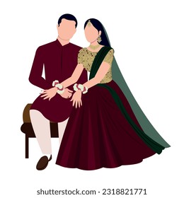 Vector vector cute indian couple cartoon in traditional dress posing for wedding invitation card design	