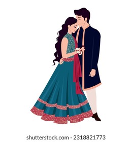 Vector vectorial linda pareja india dibujos animados en vestimenta tradicional posando para el diseño de la tarjeta de invitación a la boda	