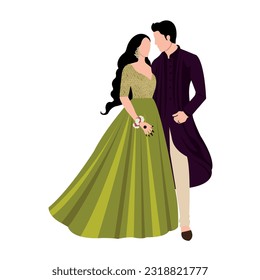 Vector vector cute indian couple cartoon in traditional dress posing for wedding invitation card design	