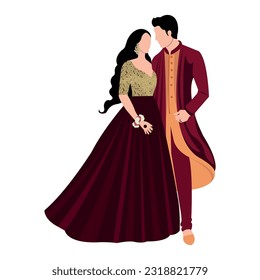 Vector vectorial linda pareja india dibujos animados en vestimenta tradicional posando para el diseño de la tarjeta de invitación a la boda	