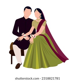 Vector vector cute indian couple cartoon in traditional dress posing for wedding invitation card design	