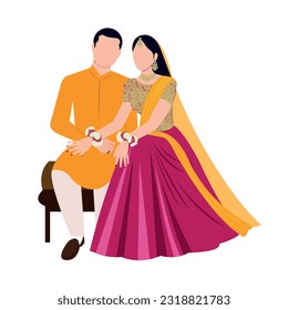 Vector vector cute indian couple cartoon in traditional dress posing for wedding invitation card design	