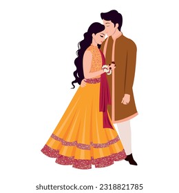 Vector vector cute indian couple cartoon in traditional dress posing for wedding invitation card design	