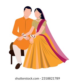 Vector vector cute indian couple cartoon in traditional dress posing for wedding invitation card design	