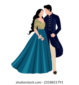 Vector vector cute indian couple cartoon in traditional dress posing for wedding invitation card design	