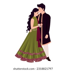 Vector vector cute indian couple cartoon in traditional dress posing for wedding invitation card design	