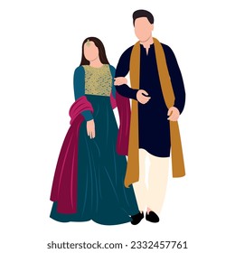 Vector vectorial linda pareja india dibujos animados en vestimenta tradicional posando para el diseño de la tarjeta de invitación a la boda