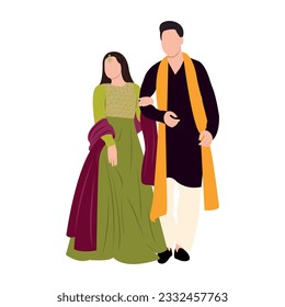Vector vector cute indian couple cartoon in traditional dress posing for wedding invitation card design