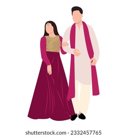 Vector vectorial linda pareja india dibujos animados en vestimenta tradicional posando para el diseño de la tarjeta de invitación a la boda