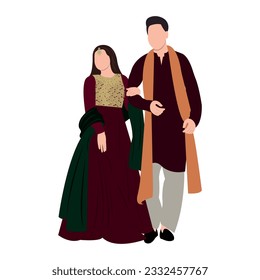 Vector vectorial linda pareja india dibujos animados en vestimenta tradicional posando para el diseño de la tarjeta de invitación a la boda