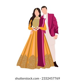 Vector vectorial linda pareja india dibujos animados en vestimenta tradicional posando para el diseño de la tarjeta de invitación a la boda