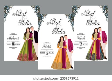 Vector vector cute indian couple cartoon in traditional dress posing for wedding invitation card design