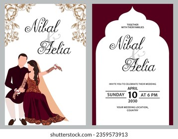 Vektorgrafik süß indisches Paar Cartoon in traditionellem Kleid posiert für Hochzeitseinladung Karte Design