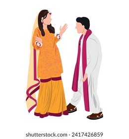 vector cute indian couple cartoon in traditional dress posing for wedding invitation card design