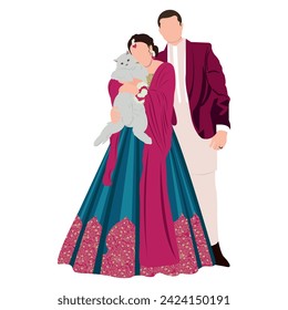 dibujo de una pareja india vectorial adorable en traje tradicional posando para el diseño de la tarjeta de invitación a la boda