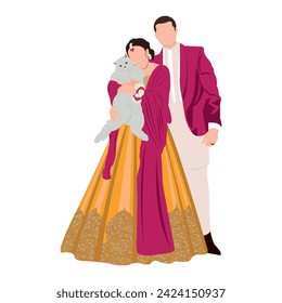 vector cute indian couple cartoon in traditional dress posing for wedding invitation card design