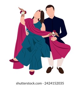 dibujo de una pareja india vectorial adorable en traje tradicional posando para el diseño de la tarjeta de invitación a la boda