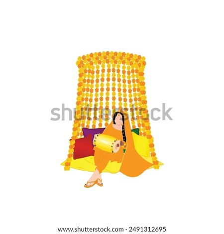 Vector cute indian couple cartoon in traditional dress posing for wedding invitation card design. Indian Floral Wedding Invitation Card template for Haldi, Mehndi, Sangeet, qawali night, dholki, Mayou