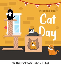 Vector Cute International Cat Day Flat Hand Drawn theme Cat House Family Illustration