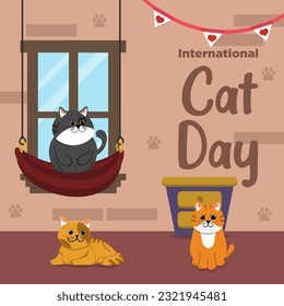 Vector Cute International Cat Day Flat Hand Drawn theme Cat House 2 Illustration