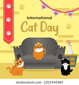 Vector Cute International Cat Day Flat Hand Drawn theme Cat Kingdom Illustration